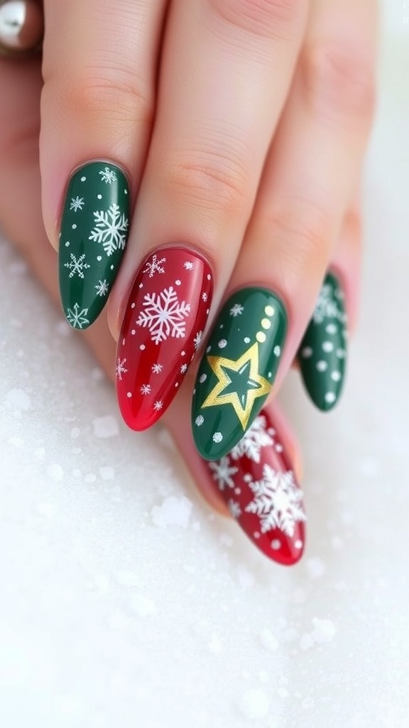 Almond-shaped Christmas nails with red, green, and white designs, featuring snowflakes and gems.
